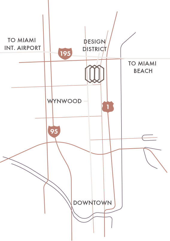 Map of Miami showing the location of Gio, Design District, Wynwood, and Downtown Miami