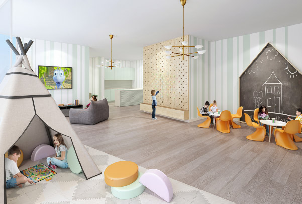 A rendering of Gio Midtown's family lounge