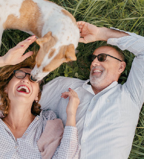 Older couple laying playing with a dog in a field
