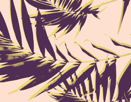 Graphic purple, pink, and yellow image of a palm leaf