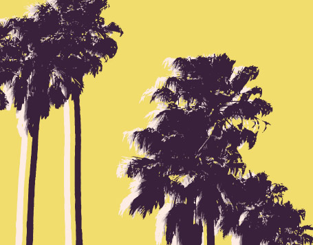 Graphic purple and yellow image of palm trees